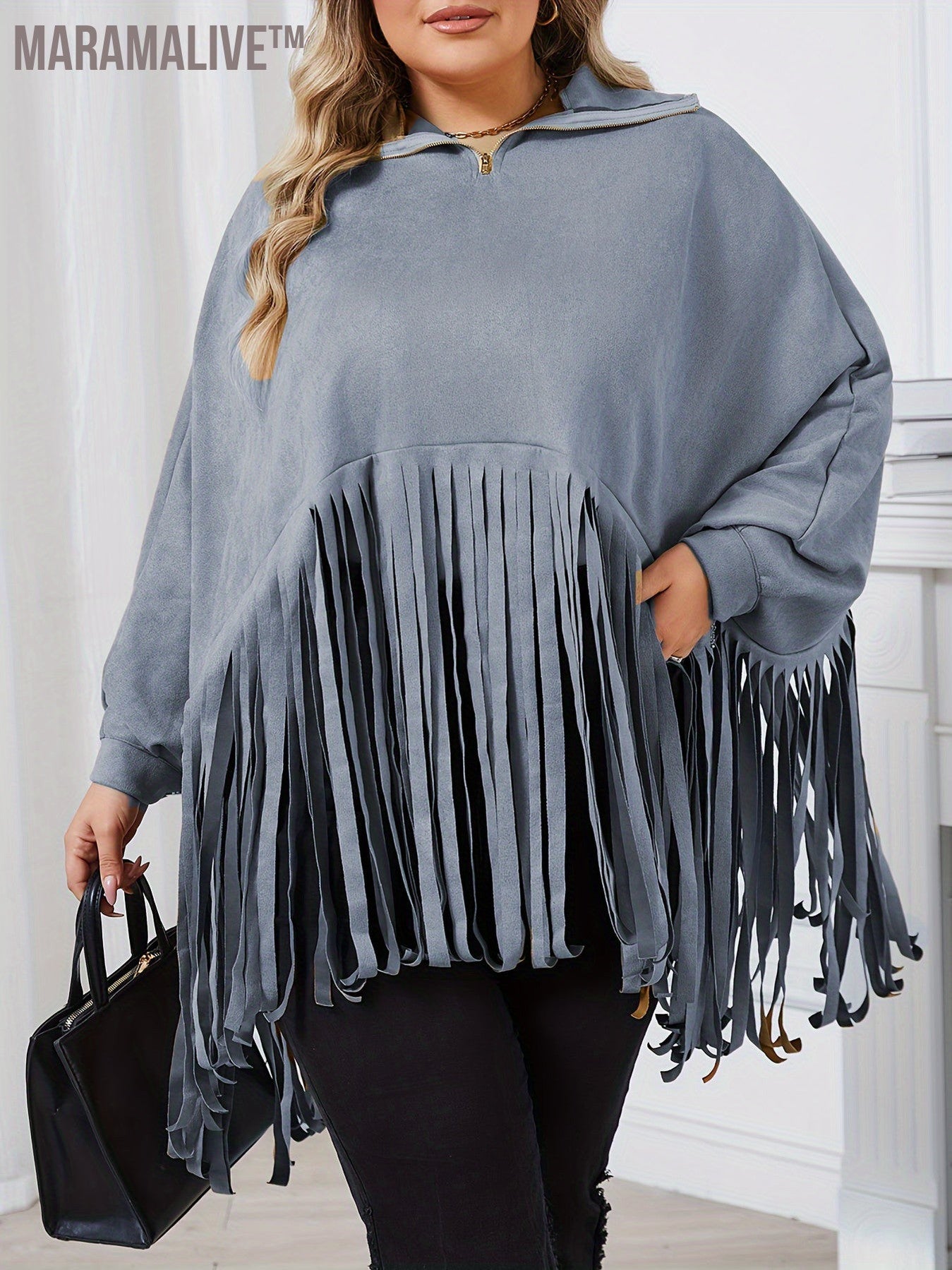 Plus Size Trendy Top, Women's Plus Solid Batwing Sleeve Mock Neck Fringe Trim Cloak Top