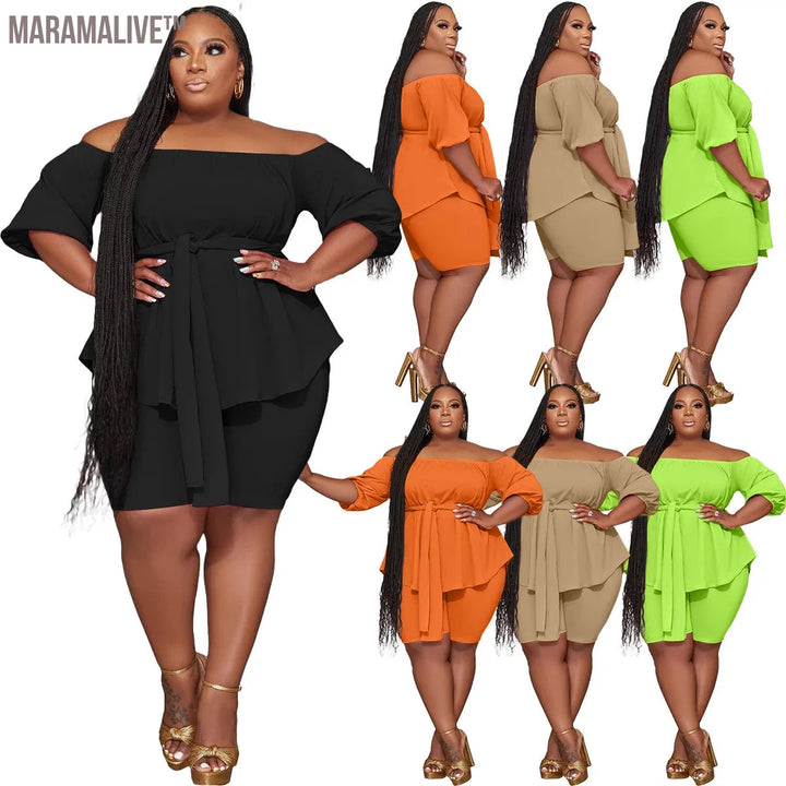 Plus Size Two Piece Outfits Women New In Matching Shorts Sets Loose Top with Bandage Summer