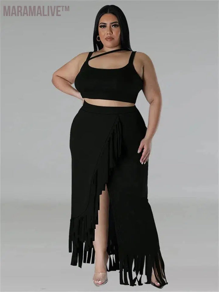 Plus Size Two Piece Set Women Summer Sexy Crop Top Long Skirt Sets Tassel Casual Matching Suit