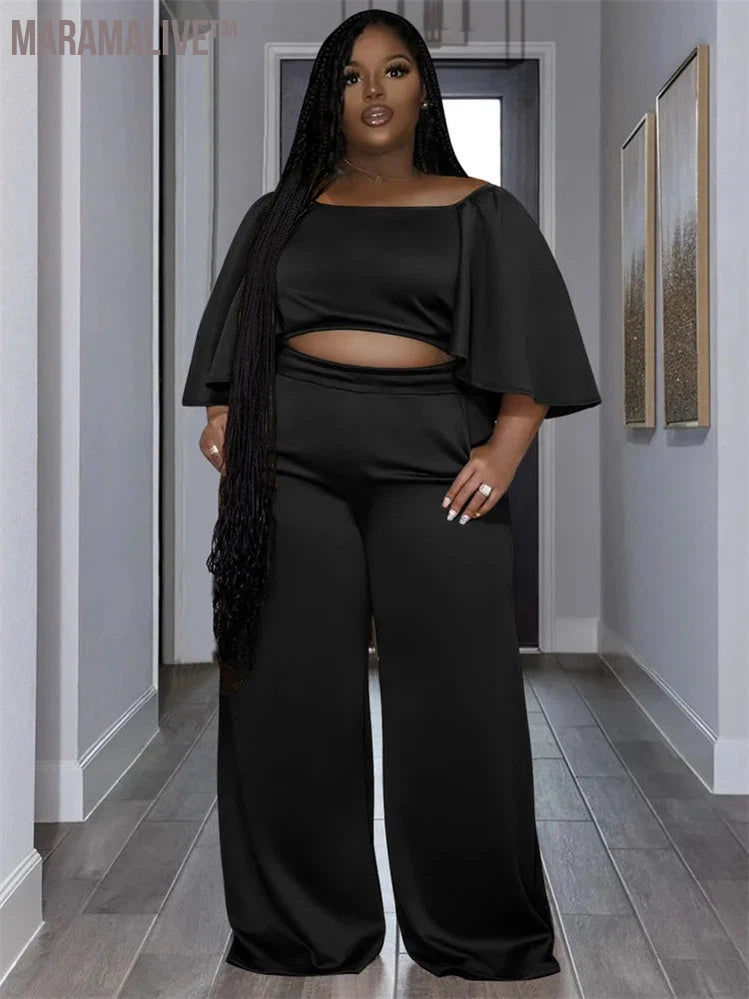 Plus Size Two Piece Sets Women Clothing Solid Off Shoulder Tops and Pants Wide Leg Matching Set