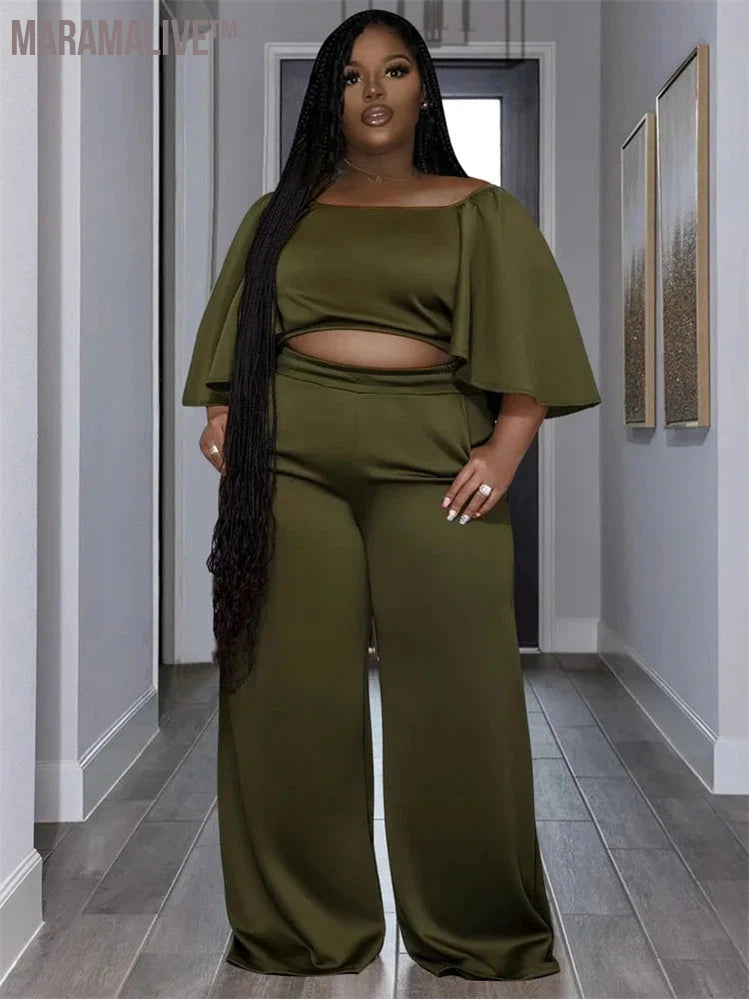 Plus Size Two Piece Sets Women Clothing Solid Off Shoulder Tops and Pants Wide Leg Matching Set