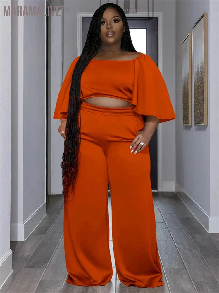 Plus Size Two Piece Sets Women Clothing Solid Off Shoulder Tops and Pants Wide Leg Matching Set