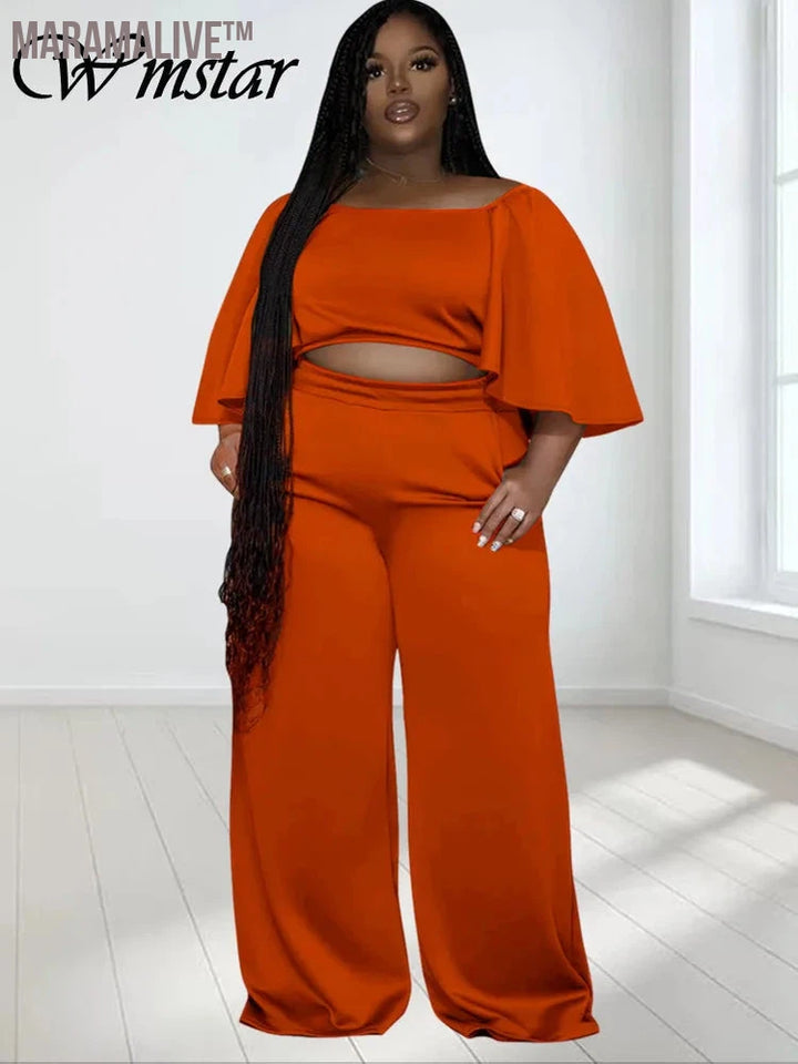 Plus Size Two Piece Sets Women Clothing Solid Off Shoulder Tops and Pants Wide Leg Matching Set