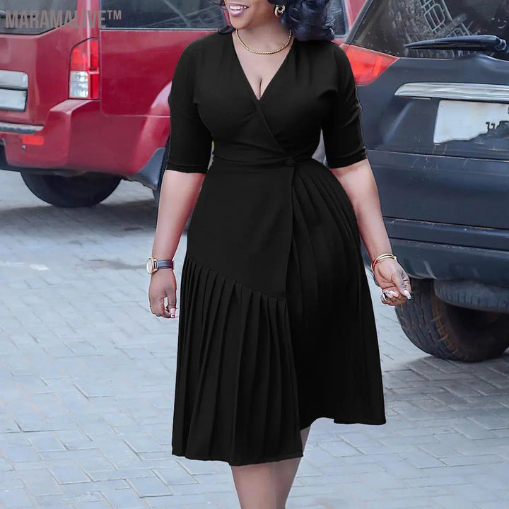 Plus Size V Neck Elegant Dress Female Pleated Casual Chubby Vestido Fashion Party Clothing 2023 Autumn Women One Piece Dress