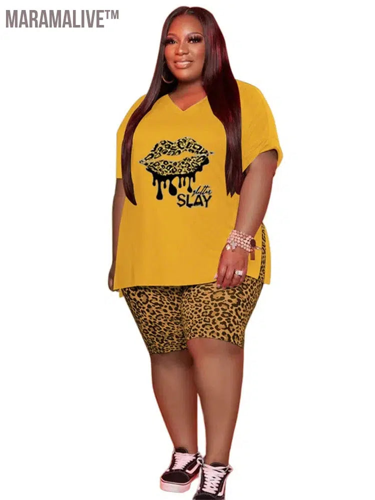 Plus Size Women Clothing 2 Piece Outfits Loose Lip Printed Top Leopard Shorts Casual Matching Set