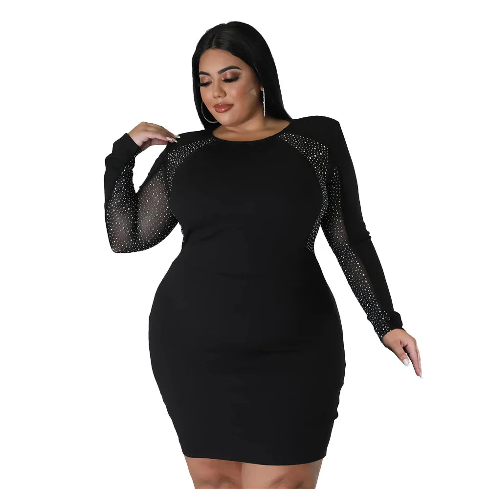 Plus Size Women Clothing Crew Neck Fashion Patchwork Hot Drill Sexy Mini Dress Party Club Wear