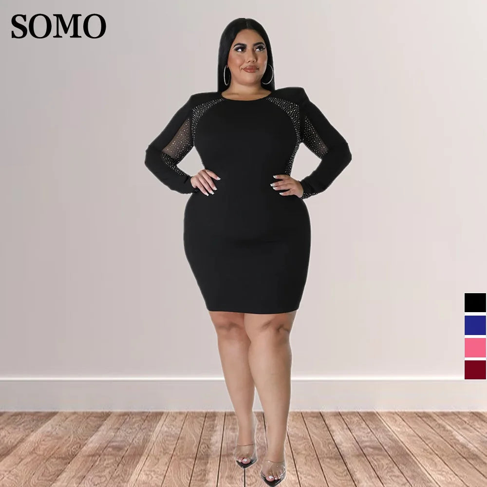 Plus Size Women Clothing Crew Neck Fashion Patchwork Hot Drill Sexy Mini Dress Party Club Wear