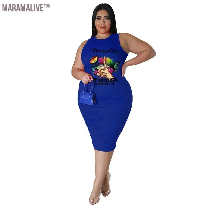 Plus Size Women Clothing Dress Summer Lip Print Bodycon Stretch Elegant Midi Dresses Women