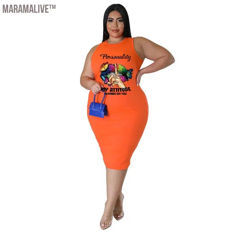 Plus Size Women Clothing Dress Summer Lip Print Bodycon Stretch Elegant Midi Dresses Women