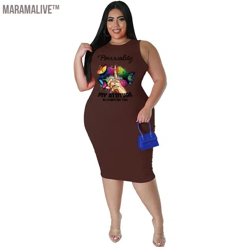 Plus Size Women Clothing Dress Summer Lip Print Bodycon Stretch Elegant Midi Dresses Women