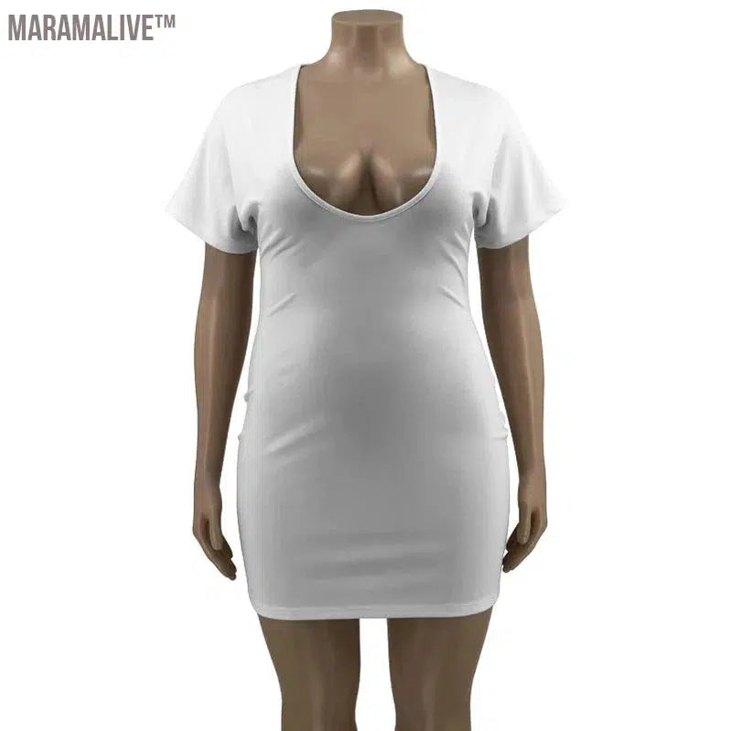 Plus Size Women Clothing Dresses 3xl 4xl 5xl Sexy Solid V Neck Super Stretch Casual Mini Dress