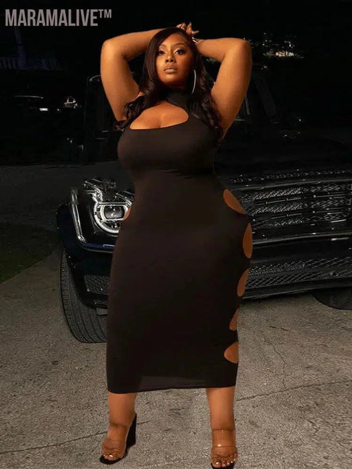 Plus Size Women Clothing Summer Midi Dress Bodycon 2022 Hollow Out Sexy Party Dress Clubwear