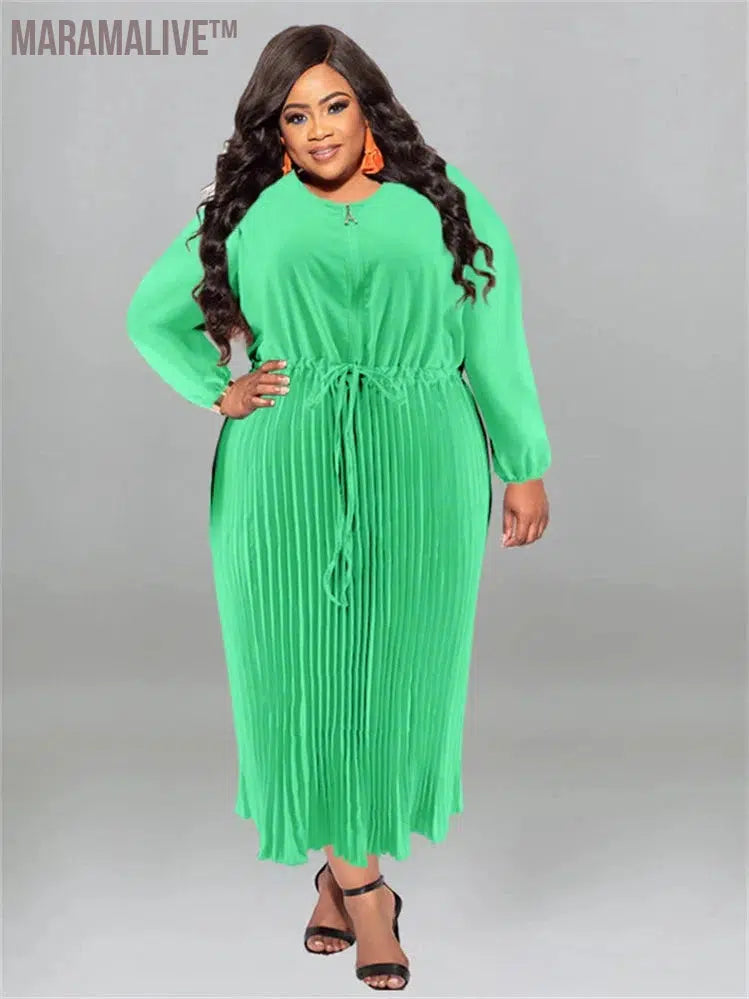 Plus Size Women Dress O Neck Fashion High Waist Bandage Elegant Long Sleeve Fall Maxi Dresses