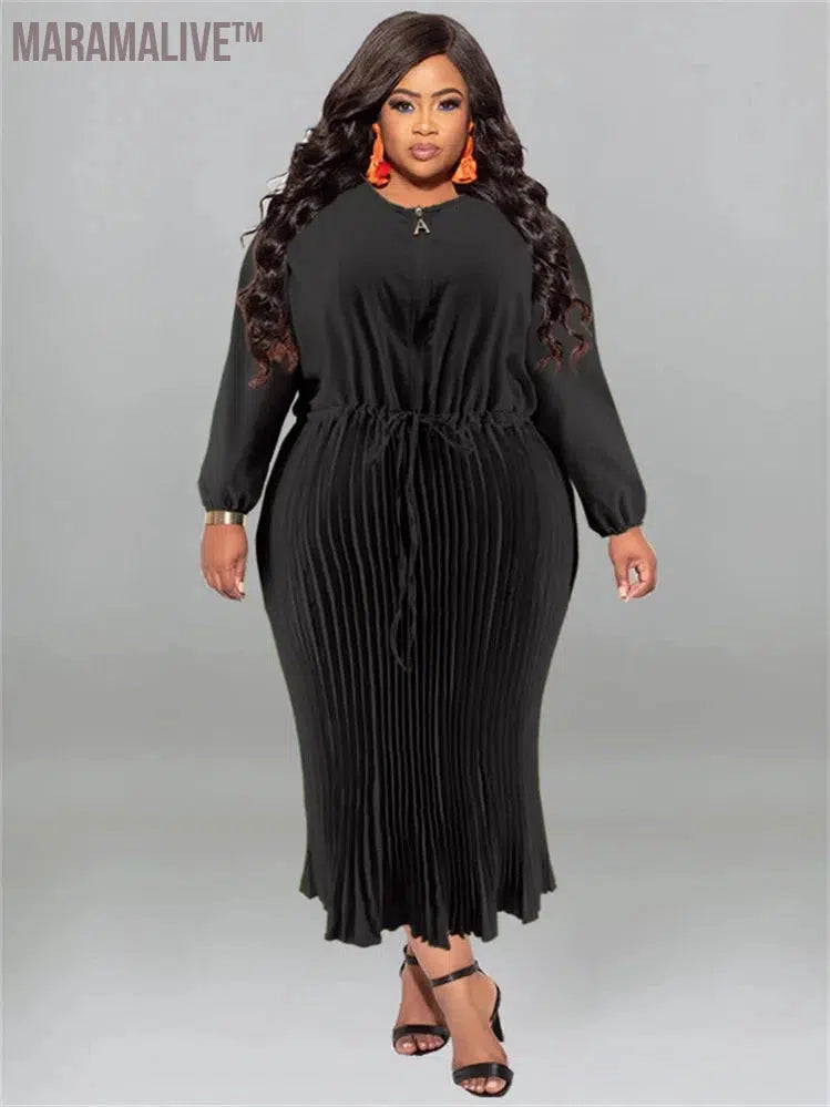 Plus Size Women Dress O Neck Fashion High Waist Bandage Elegant Long Sleeve Fall Maxi Dresses