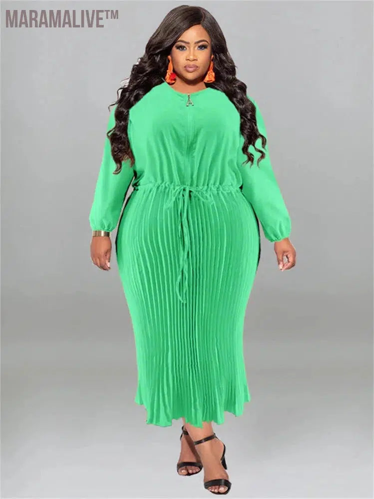 Plus Size Women Dress O Neck Fashion High Waist Bandage Elegant Long Sleeve Fall Maxi Dresses