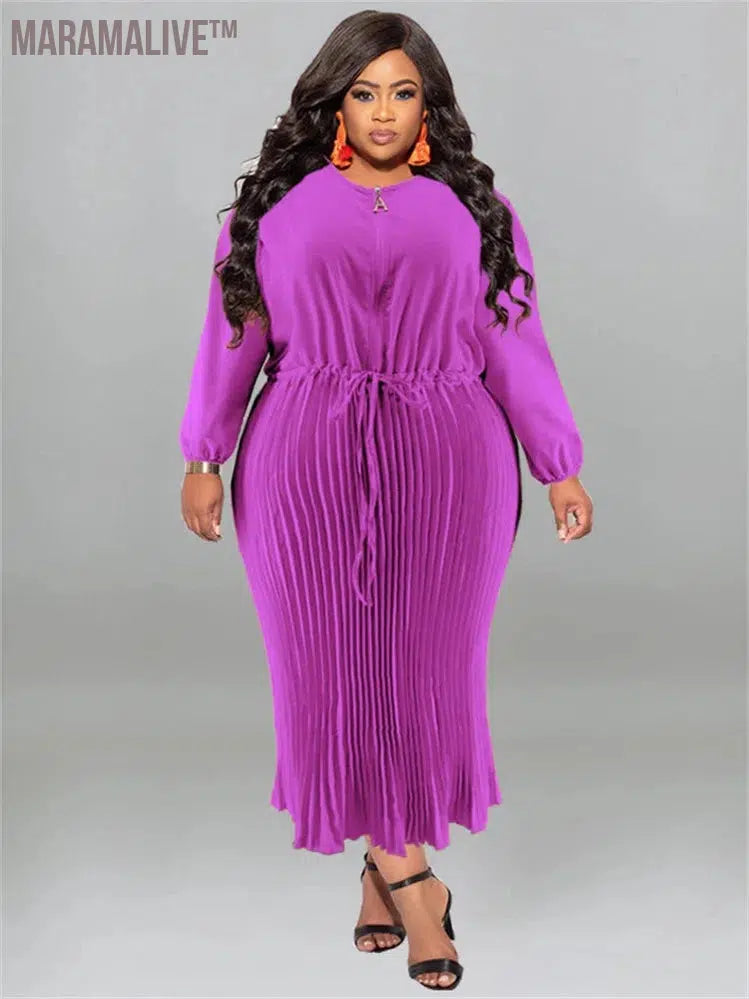 Plus Size Women Dress O Neck Fashion High Waist Bandage Elegant Long Sleeve Fall Maxi Dresses