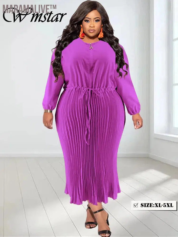 Plus Size Women Dress O Neck Fashion High Waist Bandage Elegant Long Sleeve Fall Maxi Dresses