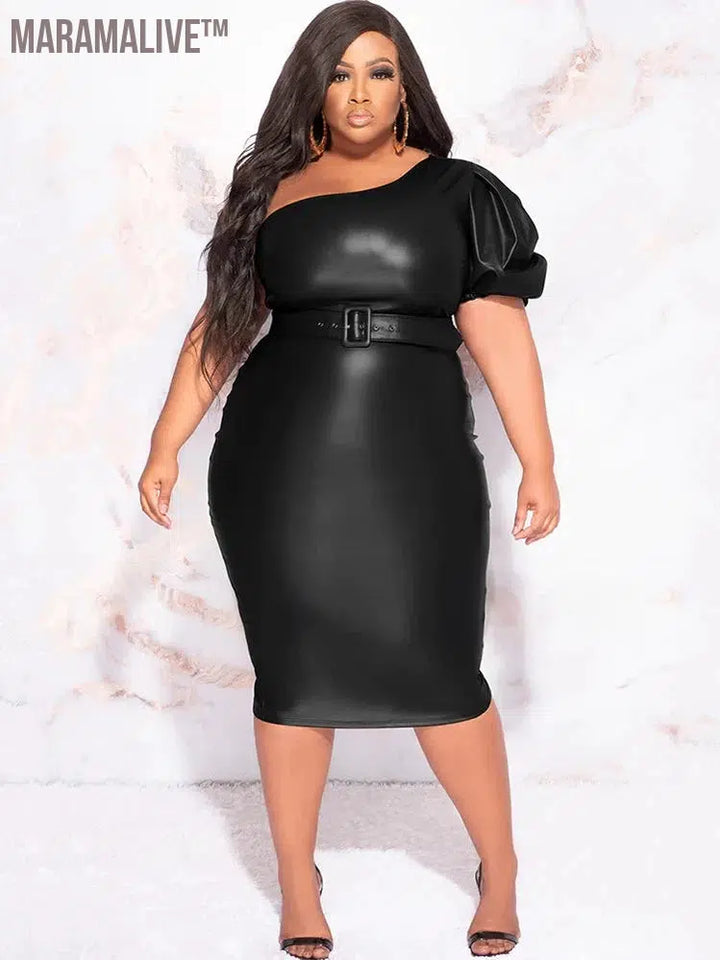 Plus Size Women One Sleeve Matte Leather Dress 9XL Stretch PU Strapless Midi Dress Back Hem Split 6XL Ladies Bodycon Dress Party