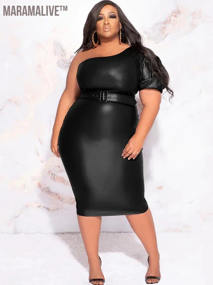 Plus Size Women One Sleeve Matte Leather Dress 9XL Stretch PU Strapless Midi Dress Back Hem Split 6XL Ladies Bodycon Dress Party