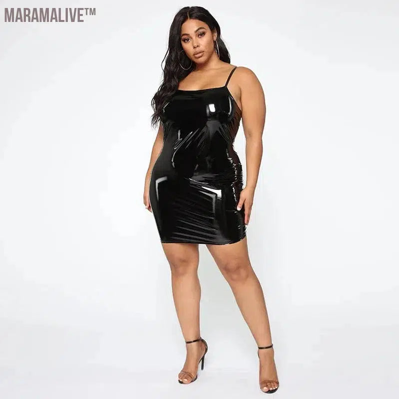 Plus Size Women PU Leather Dresses Sexy Halter Spaghetti Straps Dress Ladies Latex Leather Sleeveless Bodycon Mini Dress 5XL