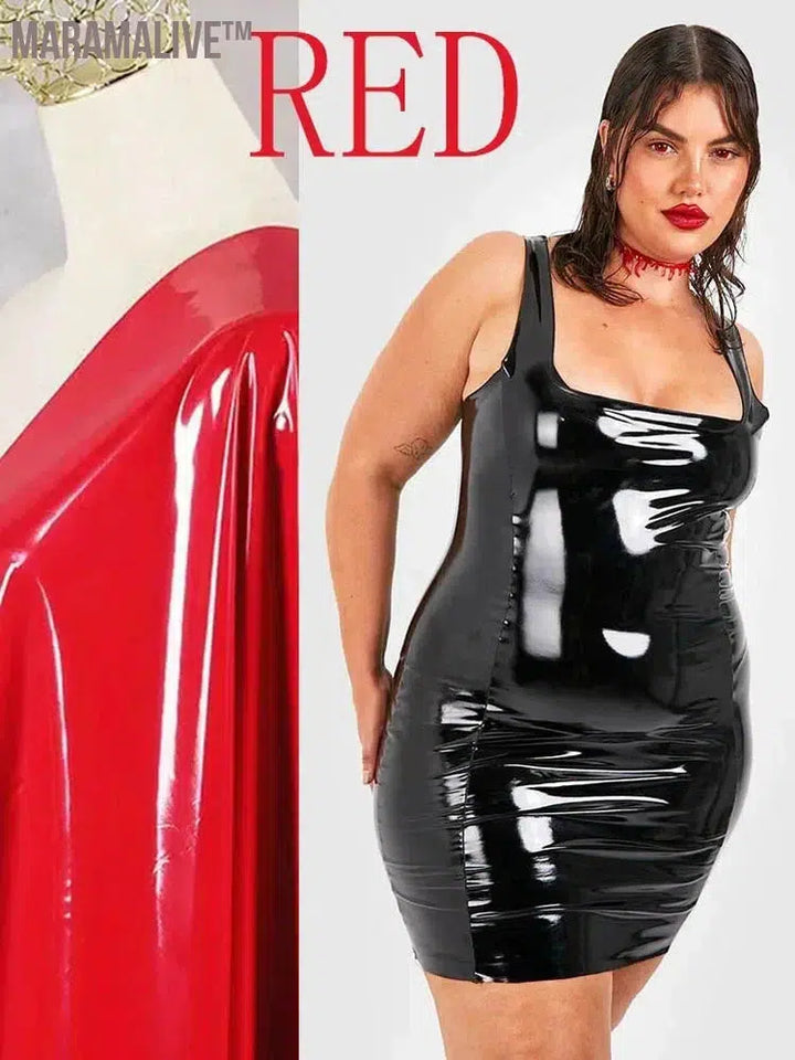 Plus Size Women Patent Leather Mini Dress 7XL Sleeveless Stretch Bodycon Tank Dress Party Faux Latex Dress 6XL Nightclub Costume