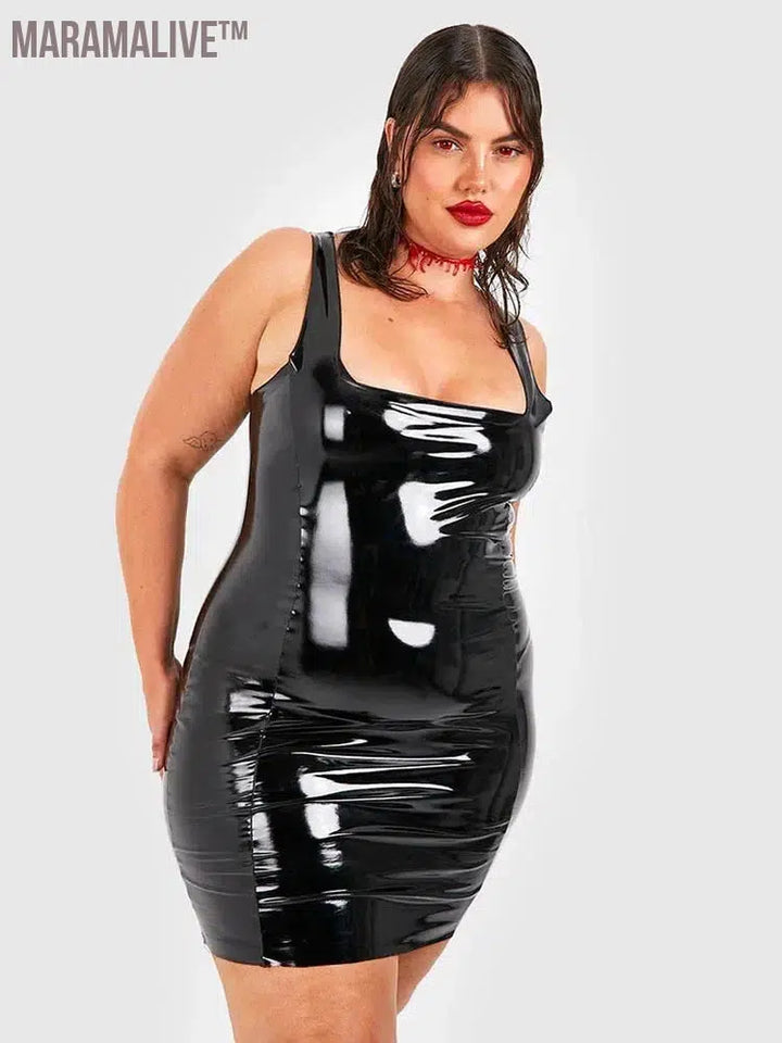 Plus Size Women Patent Leather Mini Hip Wrap Dress Sleeveless Stretch Bodycon Tank Dress Party Faux Latex Dress 6XL Nightclub