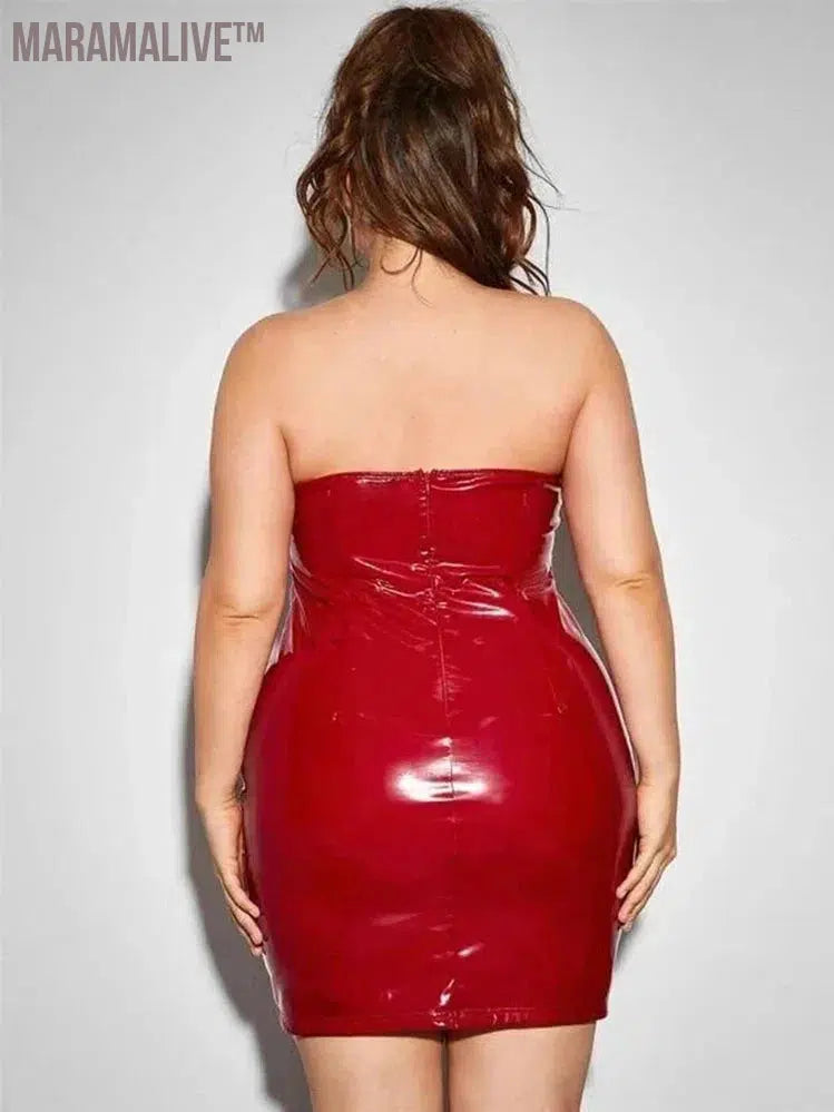 Plus Size Women Strapless Dress Sexy Faux Latex Backless Stretch Bodycon Mini Dress 6XL Shiny Patent Leather Dress 7XL Clubwear