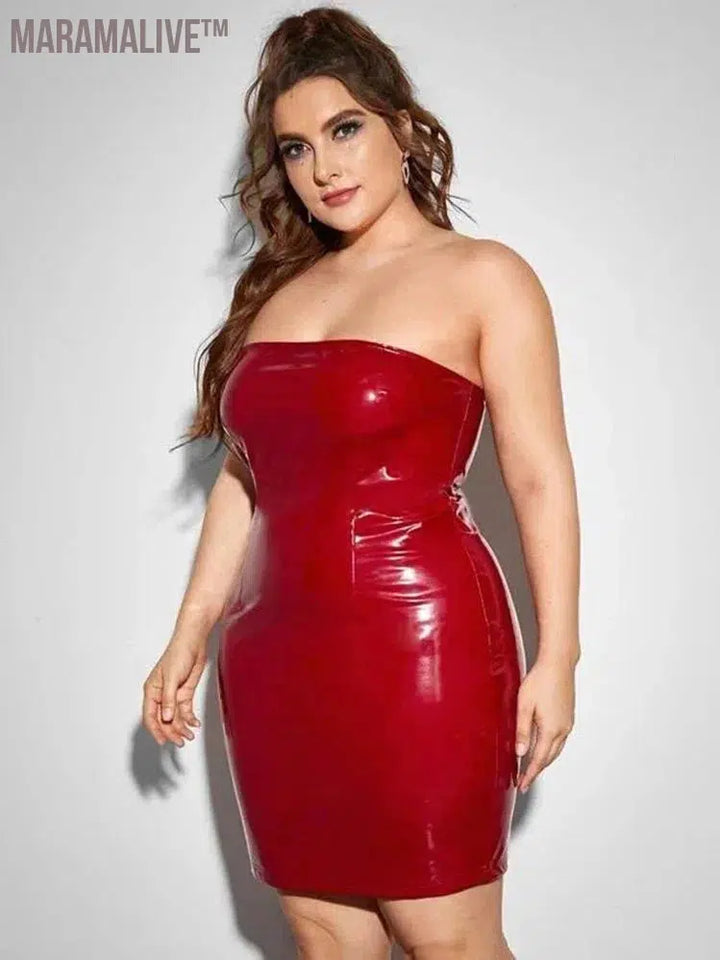 Plus Size Women Strapless Dress Sexy Faux Latex Backless Stretch Bodycon Mini Dress 6XL Shiny Patent Leather Dress 7XL Clubwear