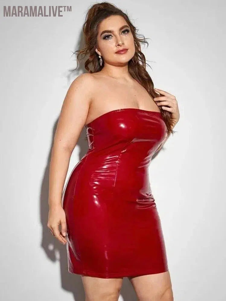 Plus Size Women Strapless Dress Sexy Faux Latex Backless Stretch Bodycon Mini Dress 6XL Shiny Patent Leather Dress 7XL Clubwear