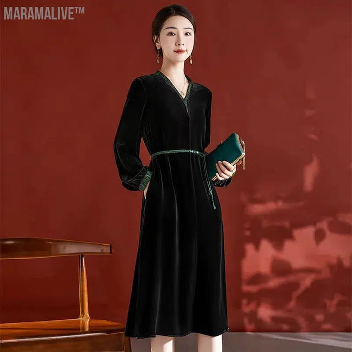 Plus size long sleeve velvet dress 2024 spring waist-tight elegant chiffonsilk silk midi dress