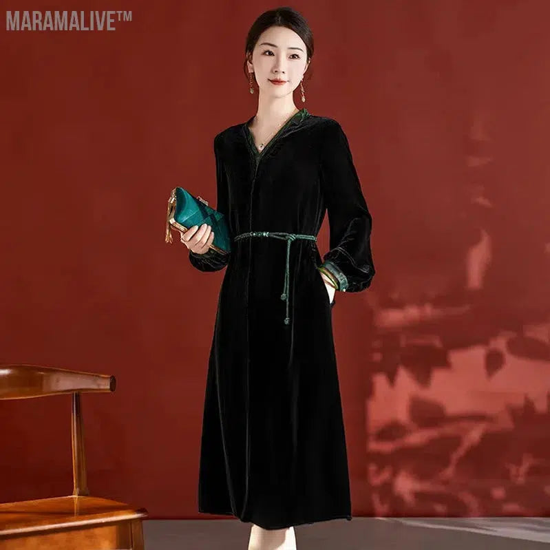 Plus size long sleeve velvet dress 2024 spring waist-tight elegant chiffonsilk silk midi dress