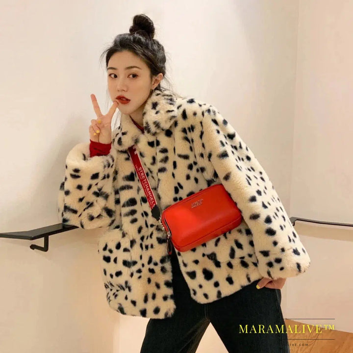 Plush jacket women winter short 2021 new version of loose lamb wool faux fur leopard print fur coat women winter