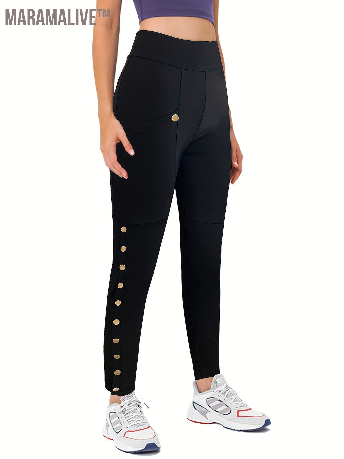 Pocket Patched Button Side Pants, Gothic High Waist Hip-lifting Skinny Fit Pants For Spring & Summer, Women's Clothing