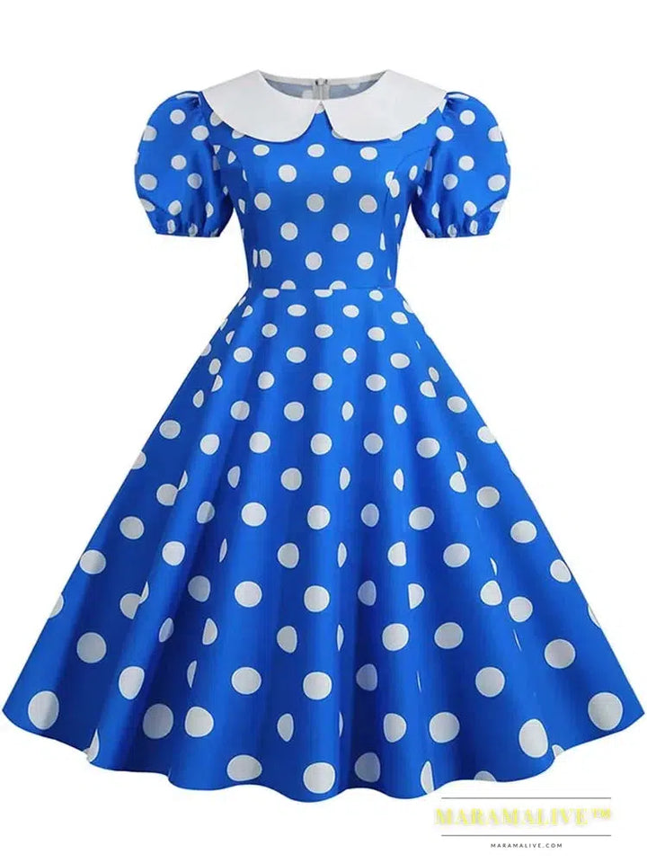 Polka Dot Vintage Dress Women Summer Pink Rockabilly Office Party Dress Casual Peter Pan Collar Sundress