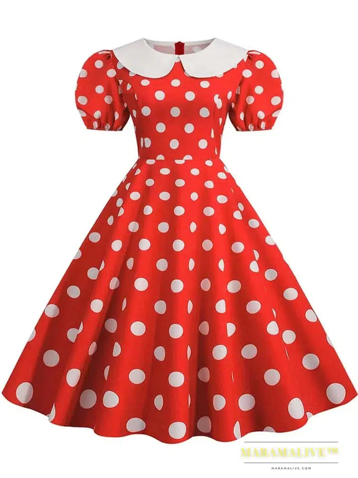 Polka Dot Vintage Dress Women Summer Pink Rockabilly Office Party Dress Casual Peter Pan Collar Sundress