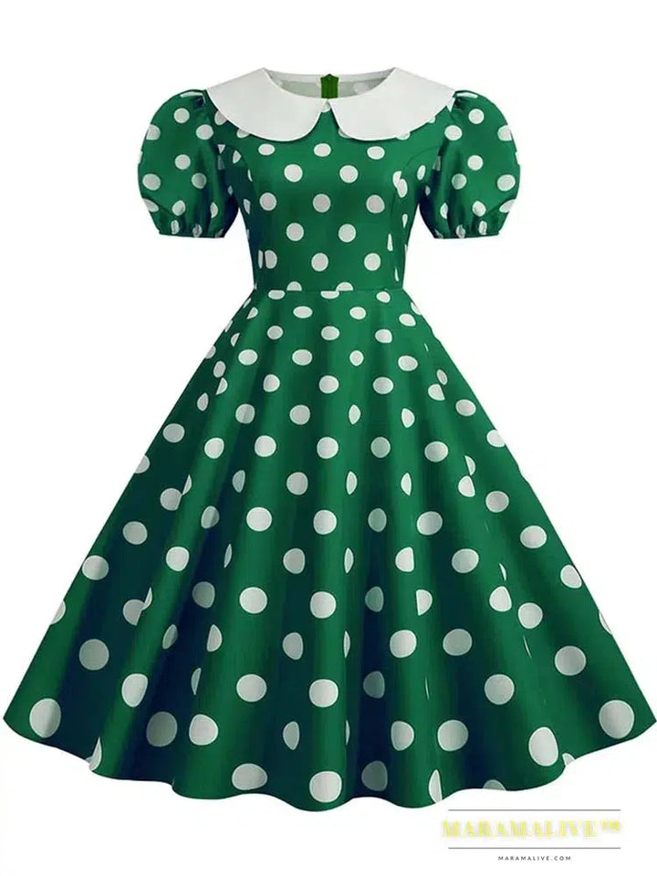 Polka Dot Vintage Dress Women Summer Pink Rockabilly Office Party Dress Casual Peter Pan Collar Sundress