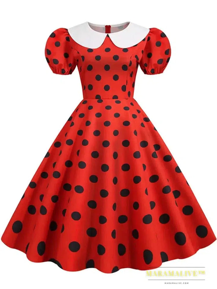 Polka Dot Vintage Dress Women Summer Pink Rockabilly Office Party Dress Casual Peter Pan Collar Sundress