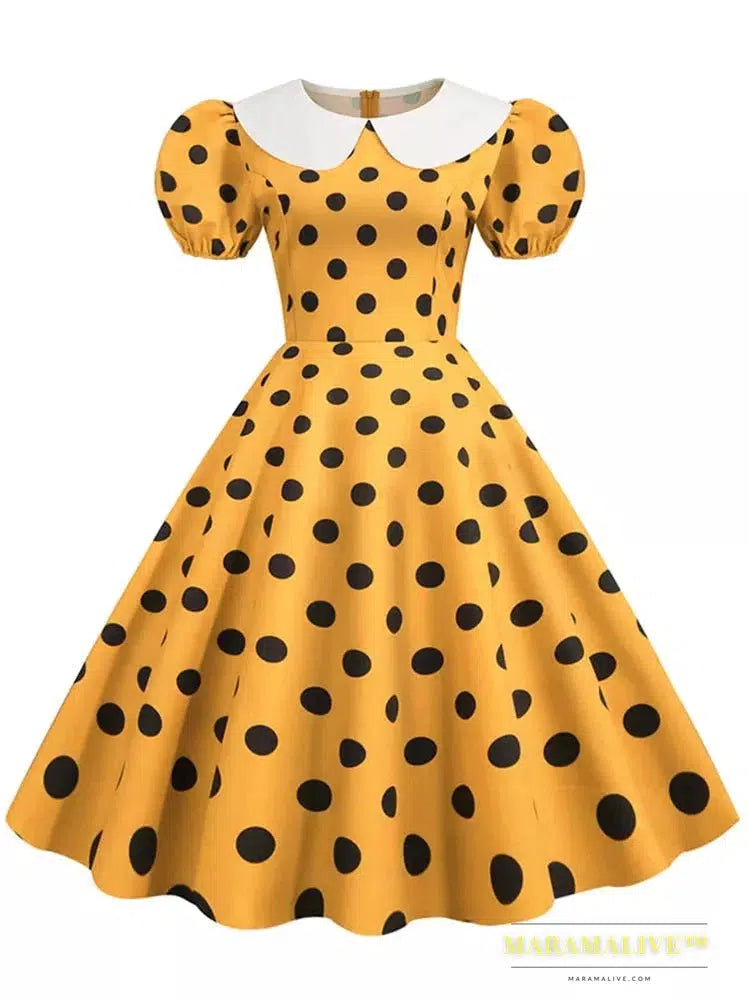 Polka Dot Vintage Dress Women Summer Pink Rockabilly Office Party Dress Casual Peter Pan Collar Sundress