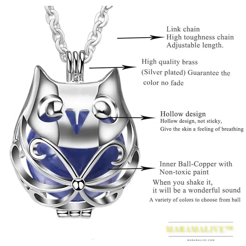 Pregnancy Bola Ball Necklace Unique Lovely Owl Locket Cage Pendant With 20mm Inner Mexican Bola Pregnant Women Jewelry