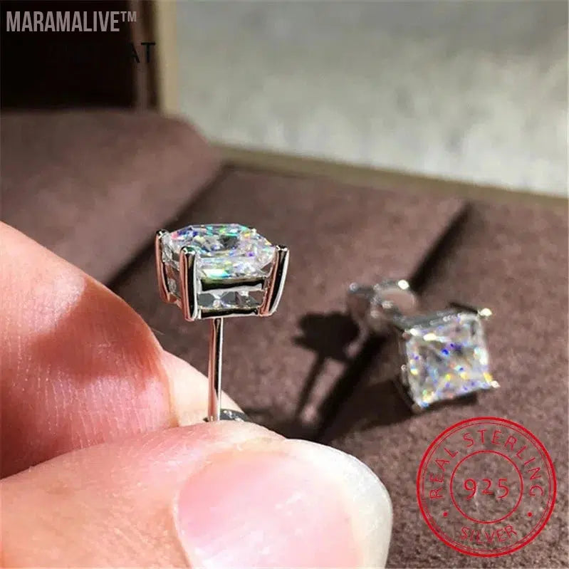 Princess Cut 2CT Diamond Test Passed Moissanite Rhodium Plated 925 Silver D Color Moissanite Stud Earrings Jewelry Couple Gift