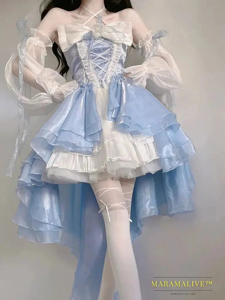 Princess Dresses Elegant Girls Puff Sleeve Ribbon Bowknot Flower Tunic Mesh Fantastic Cosplay Fairy Dress