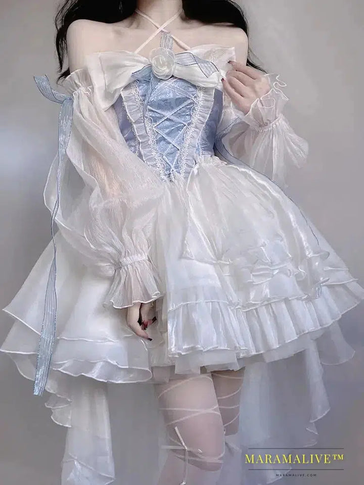 Princess Dresses Elegant Girls Puff Sleeve Ribbon Bowknot Flower Tunic Mesh Fantastic Cosplay Fairy Dress