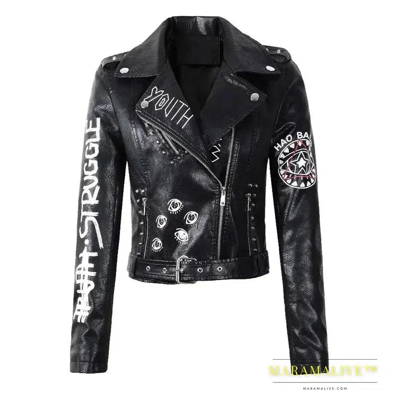 Print Faux Soft Leather Jacket Women Spring Fall Winter Pu Motorcycle Coat Black Punk Gothic Biker Rivet Pocket Outerwear