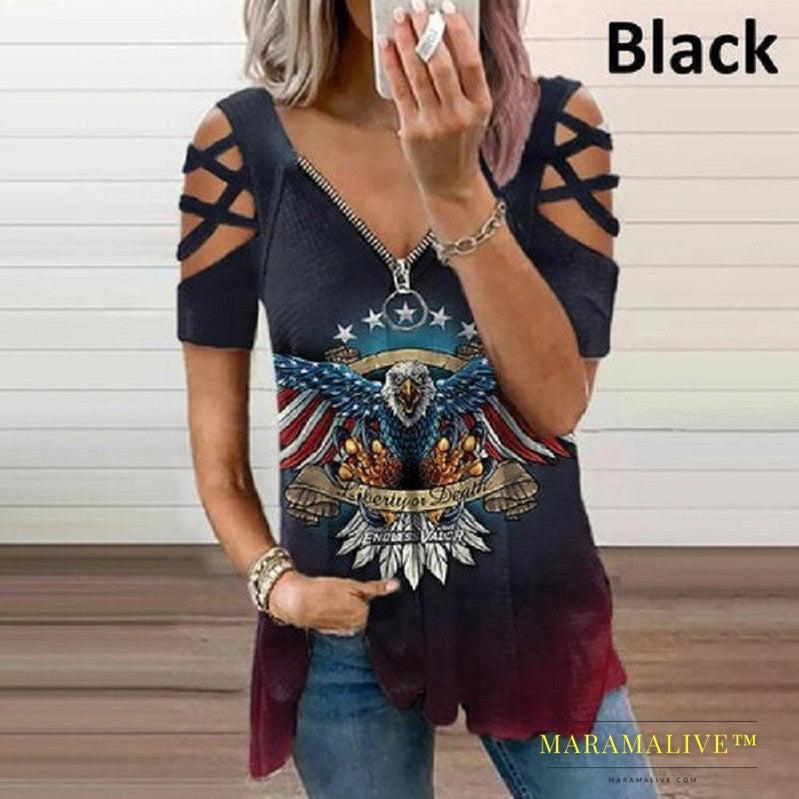 Printed Contrast Color Short-sleeved V-neck Women's T-shirt