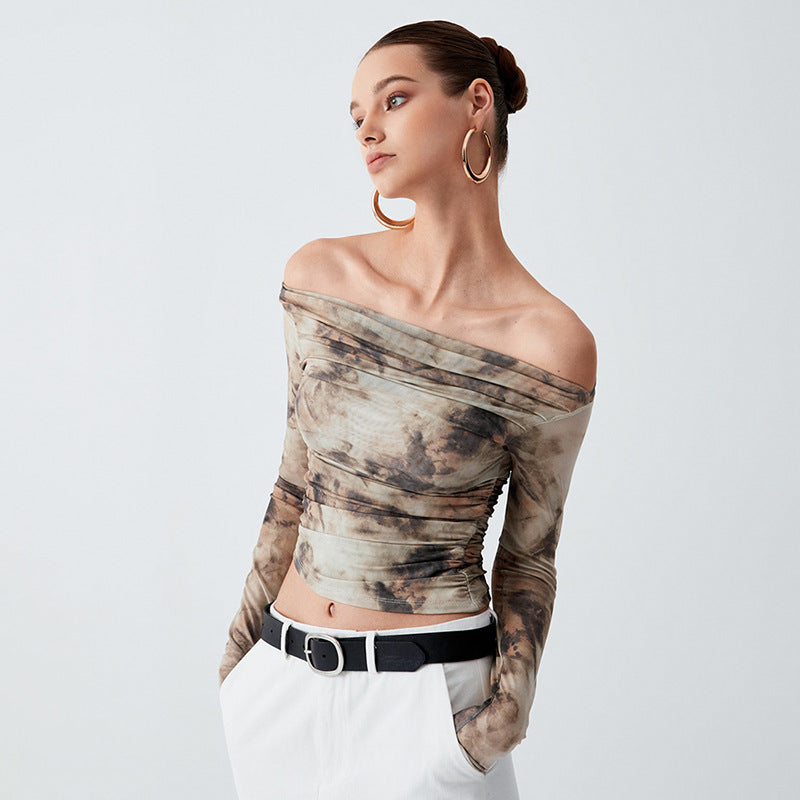 Printed Off-neck Long Sleeve Backless Pleated Top