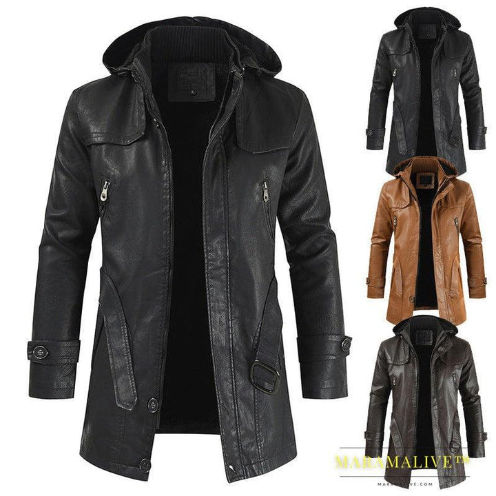 Pu Hooded Slim Young Men's Leather Jacket