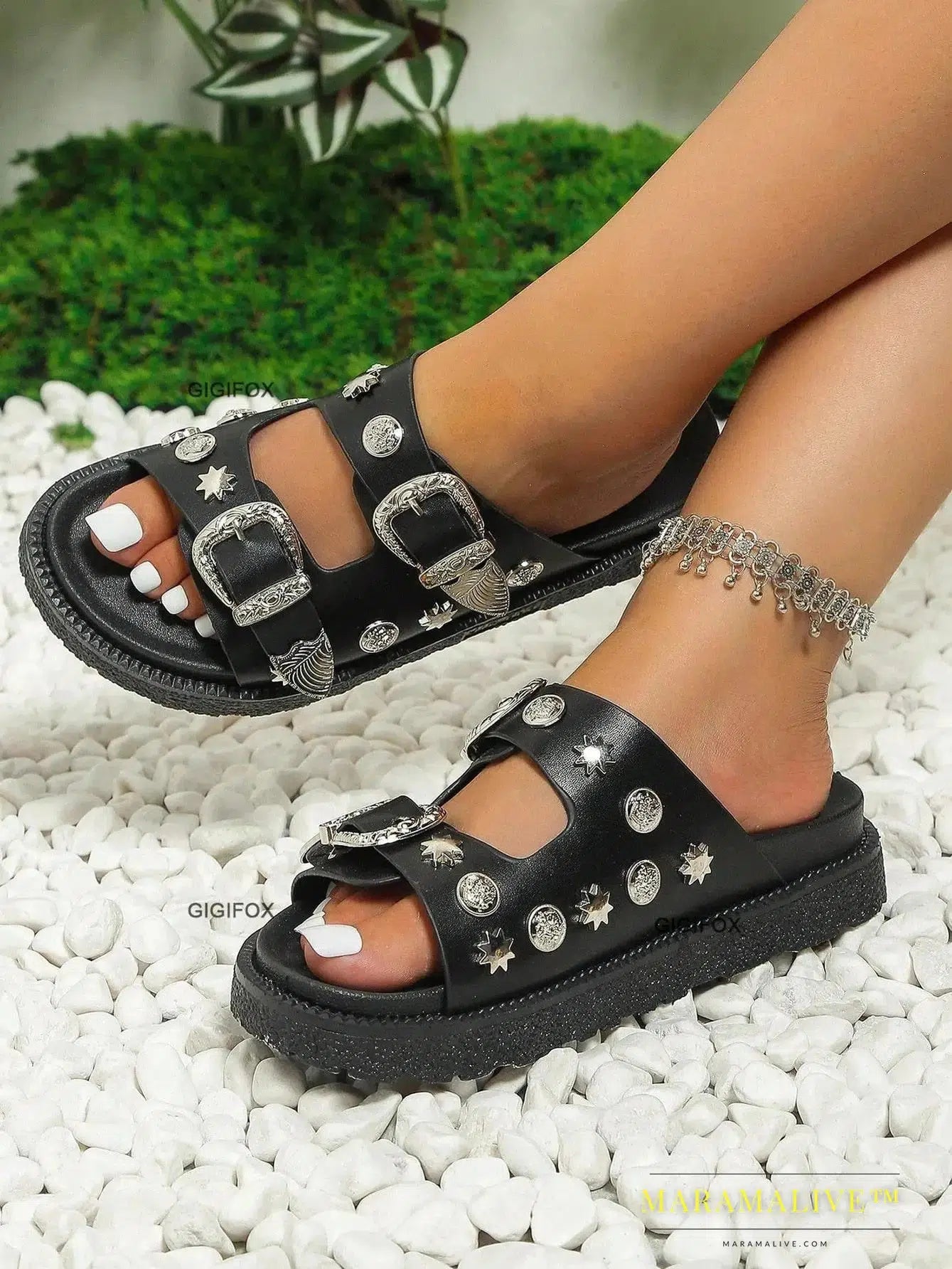 Punk Black Sandals For Women Studded Buckle Decor Flatform Slide Sandals Open Toe Summer Street Style Goth Shoes Beach Vacation