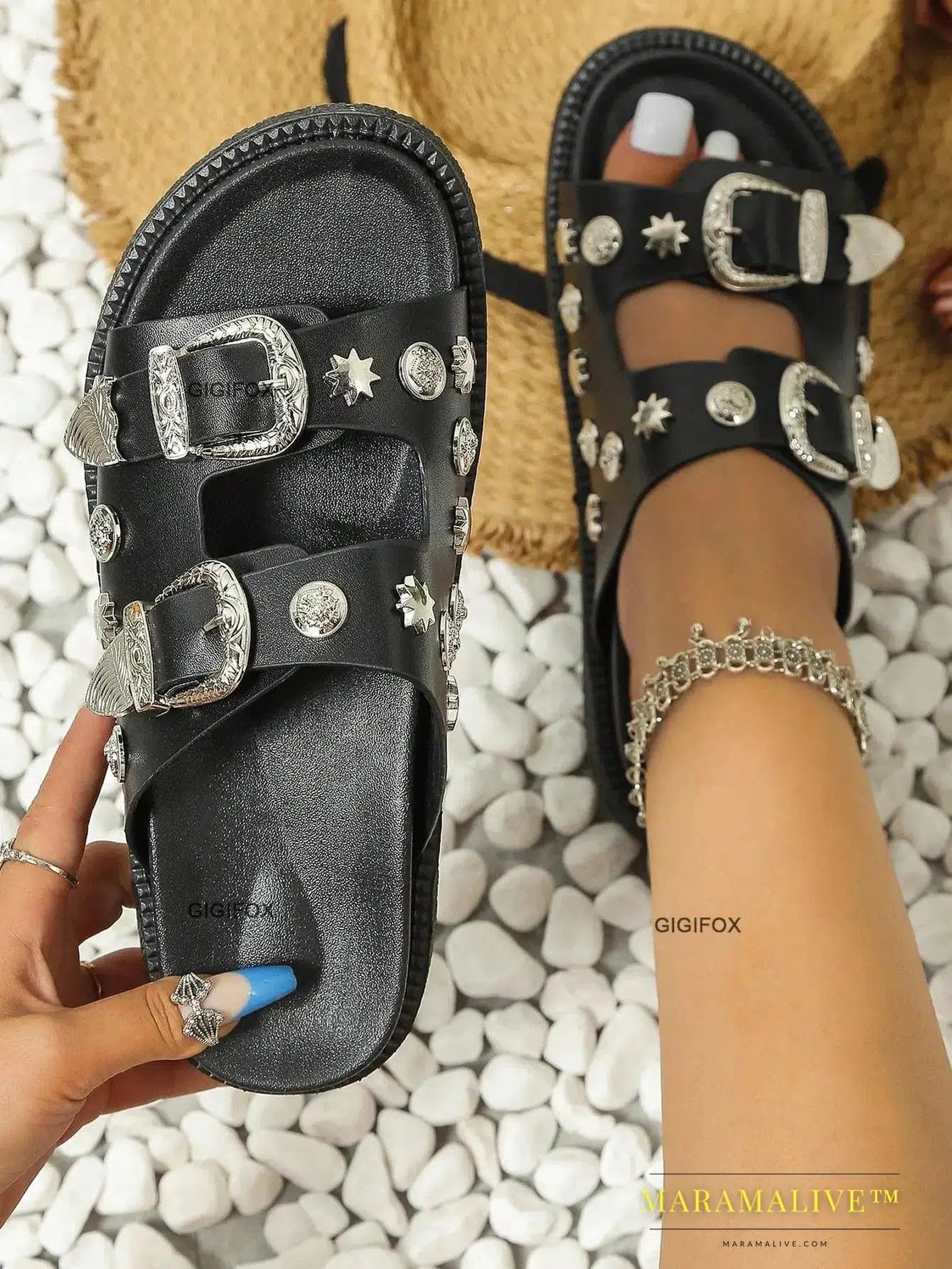 Punk Black Sandals For Women Studded Buckle Decor Flatform Slide Sandals Open Toe Summer Street Style Goth Shoes Beach Vacation