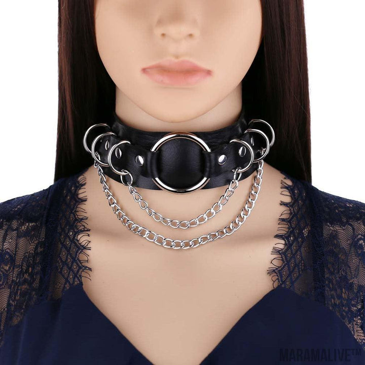 Punk Double Layer Leather O-shaped Necklace Pieces Collarnecklace