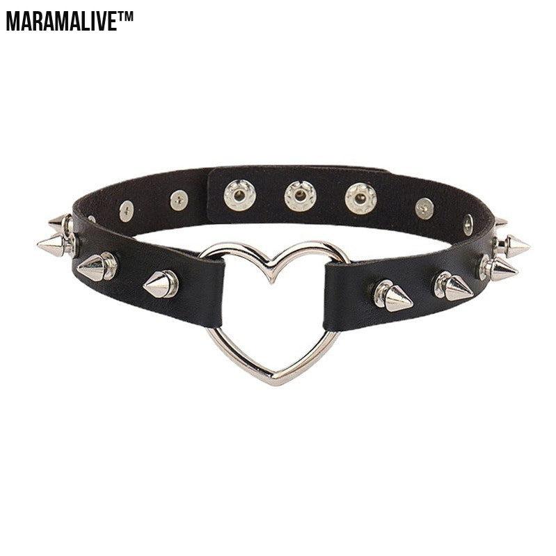 Punk Faux Leather Choker - Gothic Spiked Heart Necklace